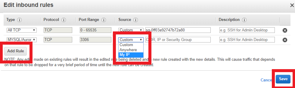 The edit inbound rules window with a new MySql rule listed and a drop down box in the source section of that rule with My Ip highlighted. The add rule and save buttons are also highlighted
