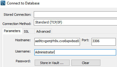 The connect to a database window from MySql Workbench. The database hostname, port and username have been input