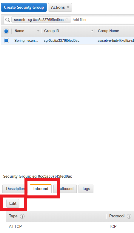 The security groups overview web page with a security group selected, the inbound tab and edit button highlighted.
