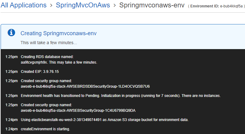 A web page showing a an event window entitled Creating Springmvconaws-env that has events logged in it.
