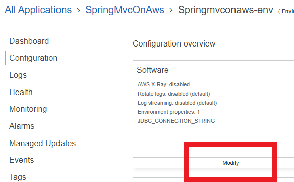 The configuration web page with the modify button highlighted in the software section