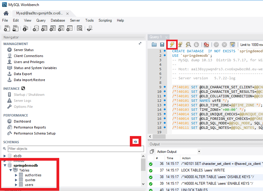 A MySql workbench window with an open sql script that has just been run. The run sql script button, refresh db button and the springdemodb details are all highlighted.