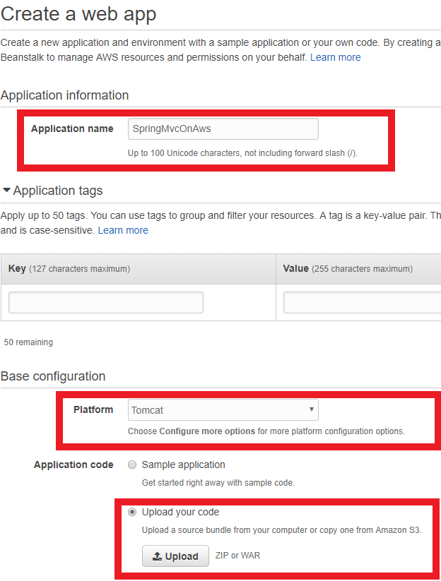 The "create a web app" web page with the application name, platform and upload your code sections highlighted and the details mentioned above entered into the appropriate fields