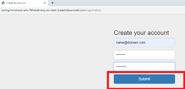 The create account web page of the deployed web application with the details added in and the submit button highlighted.