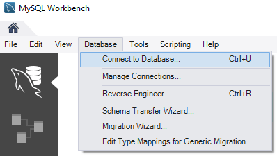 The MySql Workbench is shown with a dropdown on the database menu and "Connect to a database" selected