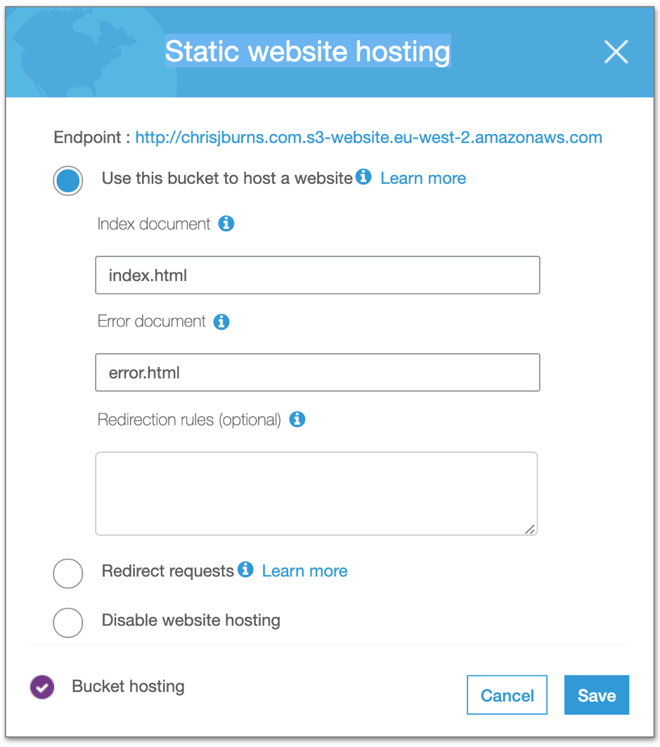 Enabled Static Hosting Settings