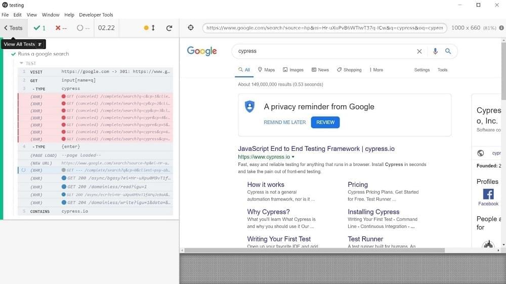 Cypress Google Test Screenshot