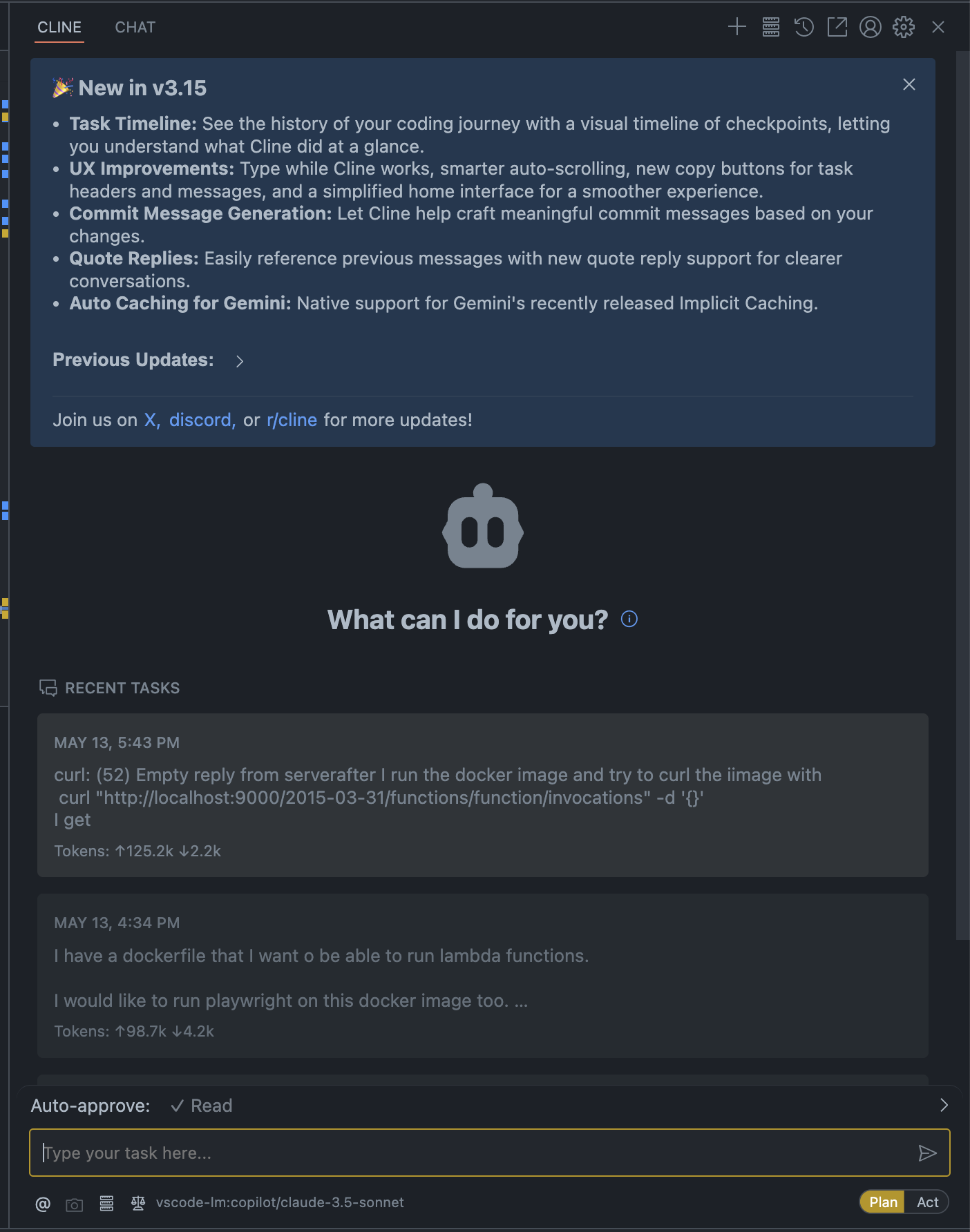 the cline tab in VS code