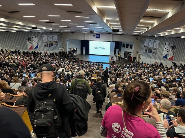 Hundreds of attendees gathered for the opening session of FOSDEM 2026 at Université Libre de Bruxelles